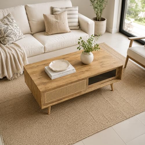 Image of The Attic INES Coffee Table for Living Room, Solid Wood Centre Table with Cane with Sliding Doors, Natural Finish