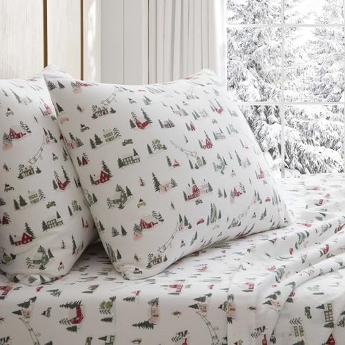 Image of Martha Stewart - Flannel Sheets Twin Size, Anti-Pilling & Wrinkle Resistant Cotton, Touchably Soft for All-Season Comfort - Bed Sheets with Matching Pillowcase & Fitted Sheet (Ski Village Green)