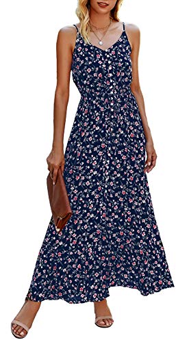 BTFBM Women Summer Spaghetti Strap V Neck Polka Dot Floral Print A-Line Button Down Casual Sleeveless Slit Maxi Dresses(Floral Dark Blue, Large)