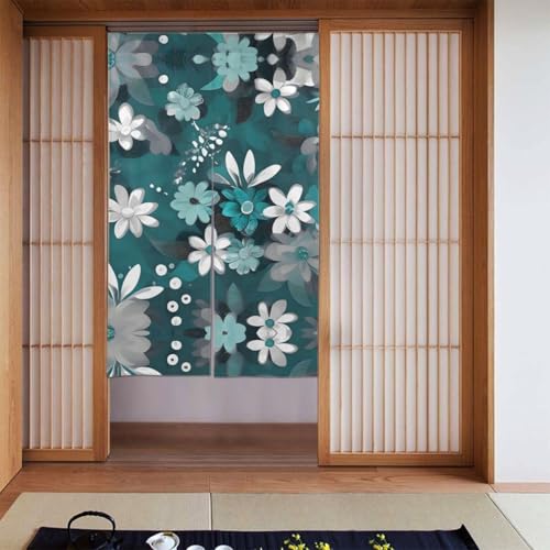 YYHHAOFA Cortina de puerta con patrón floral verde azulado y blanco, protección de privacidad adecuada para cocina, baño, habitación, 86 x 142 cm