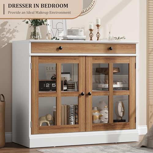 GarveeHome 35.4" Sideboard Buffet Cabinets with Glass Door, Buffet Cabinet with Storage, White&Brown Sideboard Cabinet with Drawer, Modern Buffets & Sideboards for Dining Room, Kitchen