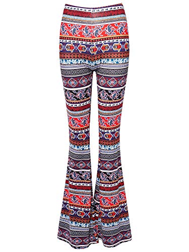 Loodgao Women's High Waist Bell Bottom Boho Pattern Printed Flared Leggings Soft Wide Leg Palazzo Lounge Pants Trousers Navy Blue XL