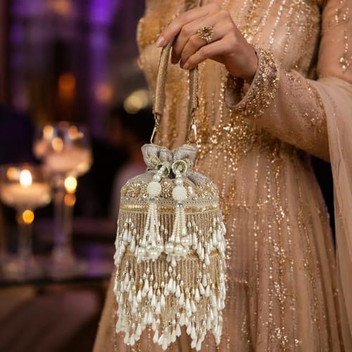 Image of Nevis Silk Fabric Designe Fringe Potli Bag with Pearl Tassels & Beaded Handle | Luxury Ethnic Drawstring Clutch for Wedding