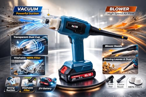 Image of KAITO Cordless Car Vacuum Cleaner & Blower 2-in-1 (21 V) | Portable Handheld Vacuum Cleaner with Dual Batteries, Charger & 6 Attachments | High-Power Cleaning for Car, Home & Office