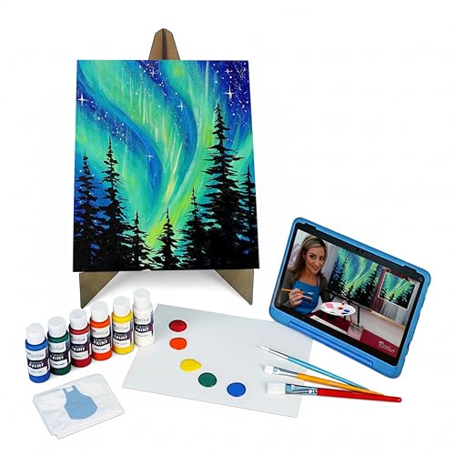 Painting to Gogh Aurora Sky - Painting Kit for Adults 11x14 Canvas 5 Paint Brushes Acrylic Paints Easel Palette Apron & Step-by-Step Video Tutorial for Beginners and Art Lovers