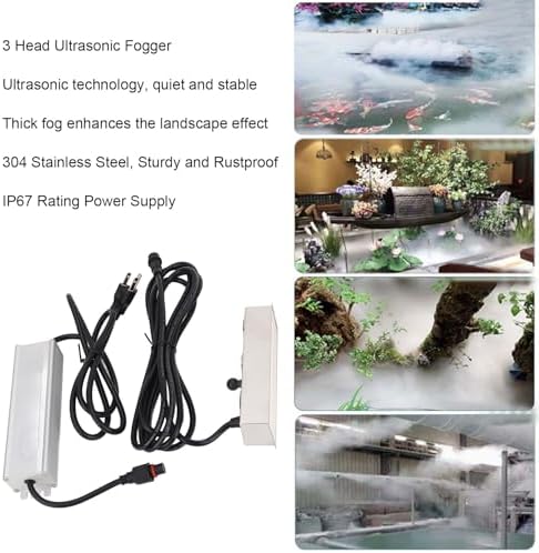 Hilitand Ultrasonic Mist Maker 3 Head, Stainless Steel Ultrasonic Fogger, IP67 Power Supply, Mist Fountain Fog Machine for Indoor Outdoor (US Plug)