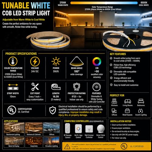 Tira LED COB 24V 5m 2700K-6500K Regulable miniatura 2