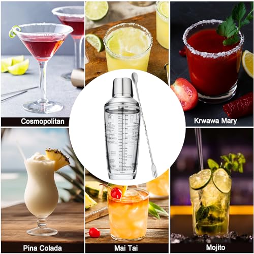 Tiawudi 23oz Glass Cocktail Shaker Set, 4PCS Bartender Kit, Martini Mixer Shaker with Built-in Strainer, Measuring Jigger, Cocktail Muddler & Mixing Spoon, Bar Tool Set for Bartender and Home Use
