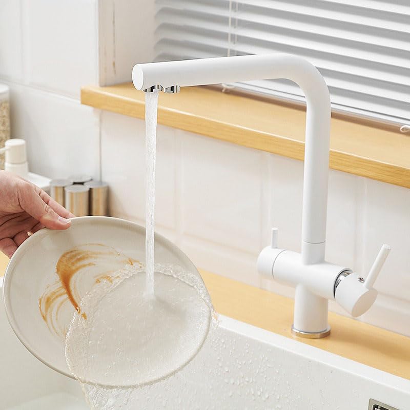 Mitigeur de cuisine 3 voies blanc au design double levier et finition premium