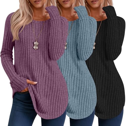 Riyiper 3 Pack Women's Long Sleeve Sweaters with Thumb Hole, Tunic Tops Ribbed Curved Hem Side Split...