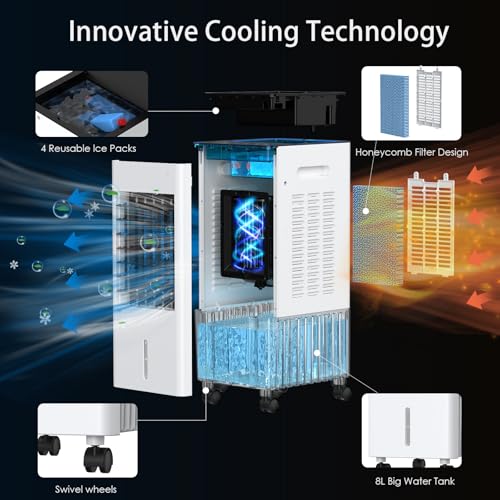 Portable Air Conditioners, Evaporative Air Cooler, 3-Side Air Intake Portable AC Unit w/ 8L Larger Water Tank, 3 Speeds, 60°Oscillation,7.5H Timer, Swamp Cooler for Room Home Office by Laluztop - Image 6