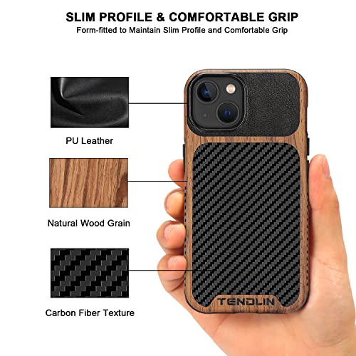 Tendlin Compatible With Iphone 14 Case Wood Grain With Carbon Fiber Texture Design Leather Hybrid Slim Case Black #TOP2
