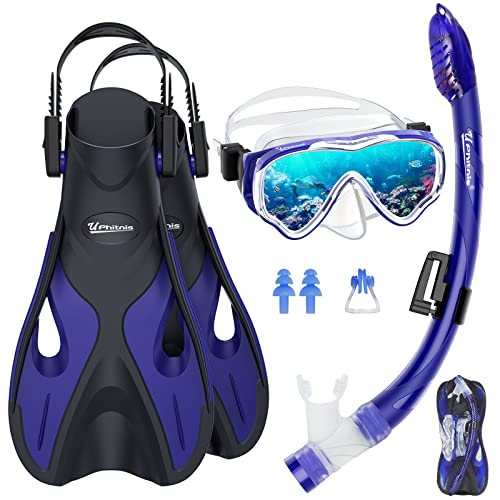 UPhitnis Schnorchelset Kinder mit Flossen,Anti-Fog 180°Panorama Taucherbrille Kinder, Verstellbaren Schwimmflossen und Premium Dry Schnorchel,3 in 1 Schnorcheln Set für Kinder mit Tragetasche