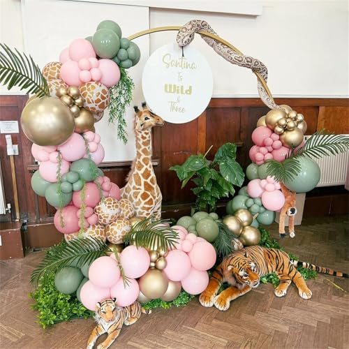 Image of Pink Jungle Safari Balloons, 60PCS Sage Green Pastel Pink Gold Balloon, Light Pink Cream Beige Balloon with Animal Print for Girls Birthday Baby Shower Wild One Giraffe Party Decorations Supplies