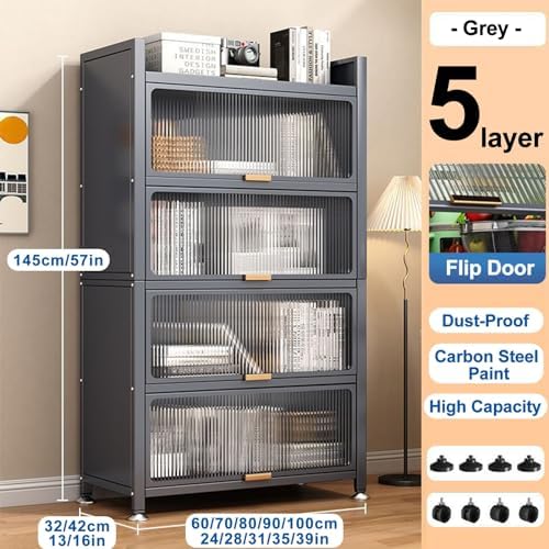 5-Tier Kitchen Storage Rack - Multi-Functional Bread & Coffee Station with Flip Doors, Microwave Holder & Storage Cabinet for Home, Office, Pantry, Garage - 39in Grey Organizer