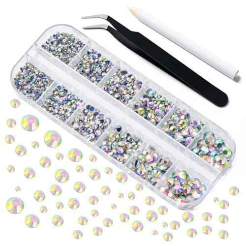 Amrules 2088Pcs Rhinestones, 12 Size Crystal Flat Back Rhinestones AB for Crafting Nail Art Crafts Decorations Clothes Shoes, with Tweezers and Wax Pencils Tool