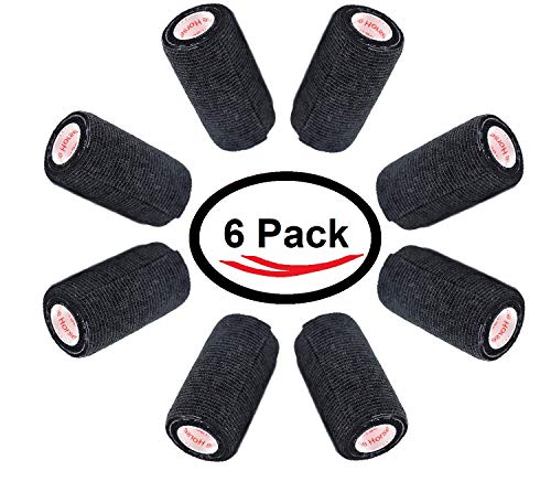 Image of 4 Inch Vet Wrap Tape Bulk (Black) (Pack of 6) Self Adhesive Adherent Adhering Flex Bandage Grip Roll for Dog Cat Pet Horse