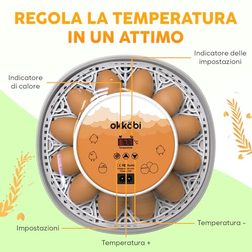 Okkobi M12 - Incubatrice per uova automatica con Girauova Automatico e Controllo Umidità - Incubatrice uova gallina - 12/24 uova, vista a 360°, facile da usare e pulire - Bianco e arancione - immagine 3