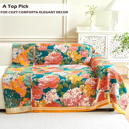 Boho Throw Blanket, 100% Organic Cotton Breathable Ultra Soft 60" x 80" Bed Quilt Throw - All Season Floral Rustic Farmhouse Decor Luxury Reversible Blanket for Sofa Couch Chair and Gift