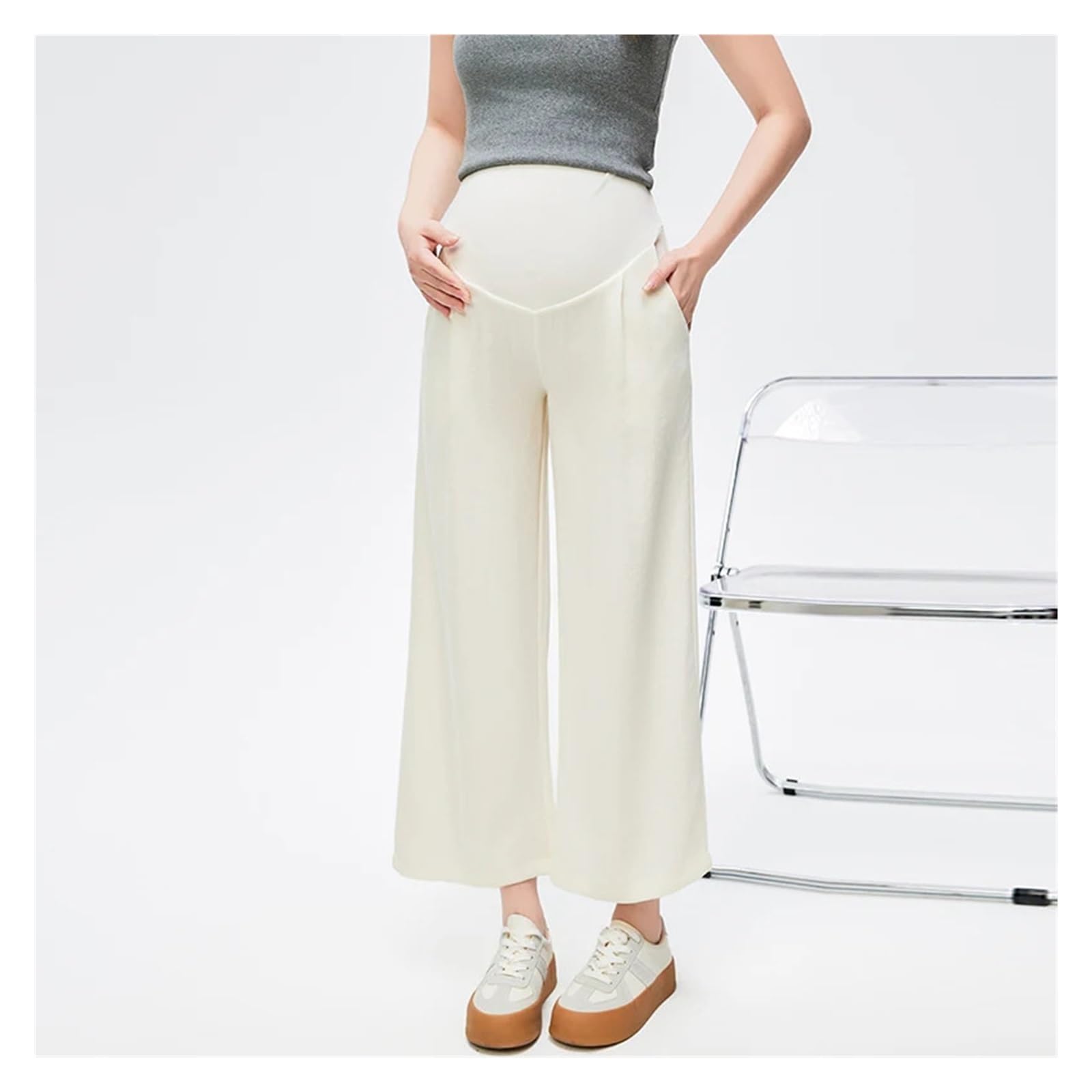 Pantalones de Maternidad de Cintura Alta, Pierna Ancha, algodón y Lino, Rectos, for Verano(Beige,XL)