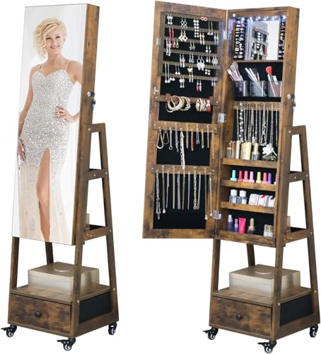 Consejos para Comprar Espejo Con Cajones de esta semana. 46 Espejo Organizador,158CM Espejocon Joyero,Organizador de Joyería,Cuerpo Completo con Polea,Espejo de Piso con Almacenamiento 158.5X40X37CM(Marrón Rústico)