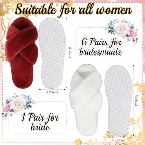 Image of JenPen 7 Pairs Bridesmaids Slippers Women's Cross Band Fuzzy Bachelorette Party Slippers for Wedding Bridal Party