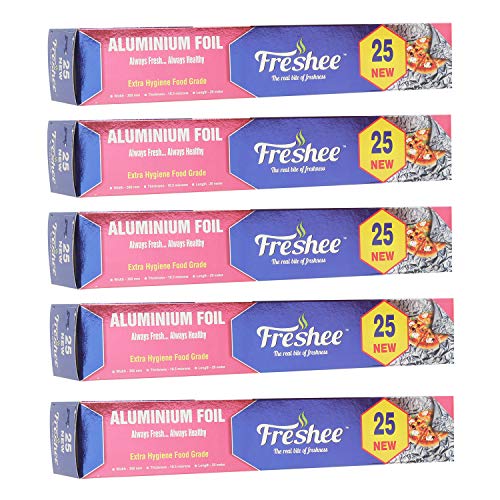 Image of Freshee 25m New Aluminium Silver Kitchen Foil Roll Paper Pack of 5 11 Micron Thick Food wrap Disposable Food Parcel Fresh Food