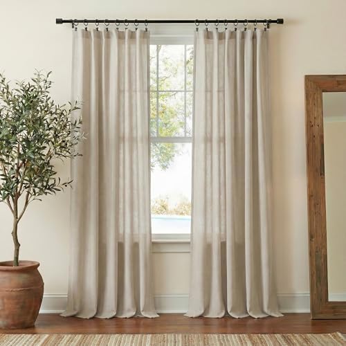 NICETOWN Semi Sheer Curtains 96 inches Long, Rod Pocket & Back Tab Linen Blend Light Filtering Window Treatments Privacy Added Drapes for Living Room, Cocoa Cream, W55 x L96, 2 Panels