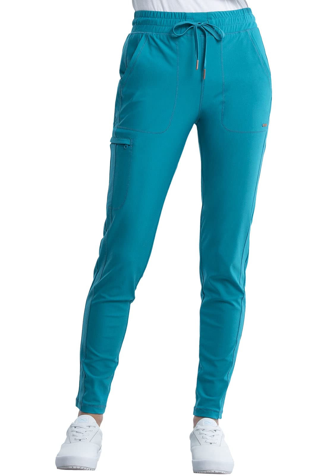 Cherokee Conjunto de uniforme médico para mujer, 7 bolsillos, cuello en V, dobladillo curvado CK840 y pantalón de pierna cónica de tiro medio CK095, azul caribeño, parte superior XXS y pantalón XS