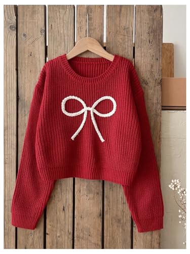 Image of BEAUDRM Girl's Cute Bow Sweater Crew Neck Long Sleeve Drop Shoulder Loose Pullover Tops