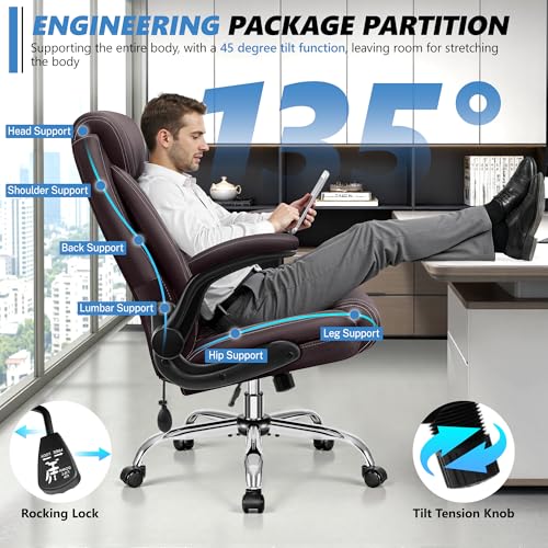 Image of BestGlory Executive Office Chair with Lumbar Support, Big and Tall Ergonomic Computer Desk Chair, Leather Comfy High Back Gaming Chair with Flip Up Arms & Rocking Function for Home Office, Coffee