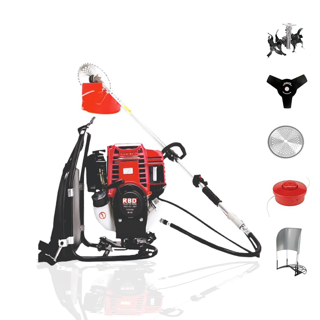 RBD 50cc Backpack Brush Cutter Petrol Engine 4 Stroke Back Pack Crop Cutter Machine Heavy Duty 80 Teeth, 3 Teeth and Tap & go Blades & Tiller for Crop, Grass, Garden, Lawn Cutting,