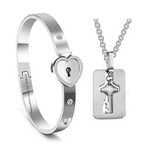 University Trendz New Design Heart Lock and Key Stainless Steel Couple Bracelet Pendant Set for Lovers Men and Women (Silver)