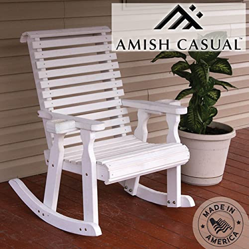Amish Casual Heavy Duty 600 Lb Roll Back Pressure Treated Rocking Chair With Cupholders (Semi-Solid White Stain) #TOP1