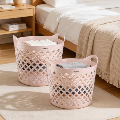 Image of Amazon Brand - Solimo Diamond Basket (32L Each, Set of 2) | Durable Plastic Storage Baskets with Handles | Ventilated Open-Weave Design | Multi-Purpose Laundry & Storage Organizer | Pink