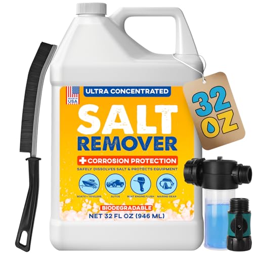 Concentrated Salt Remover + Corrosion Protection - Made in USA -Salt Cleaner Ideal for Boats Cars Marine Engine & Outboard Motor Flush Washes Salt Away from Boat Vehicles & Trailers 32 Oz