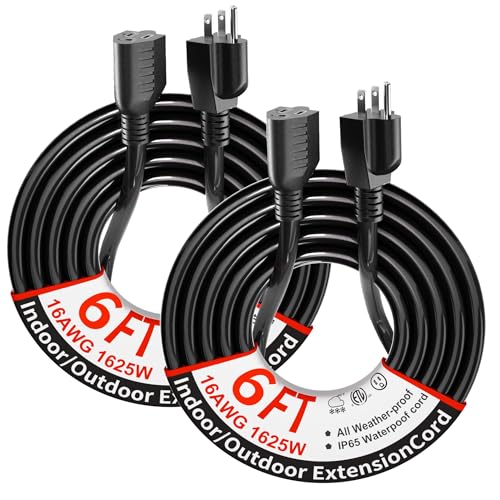 PlugSaf 2 Pack of 6Ft Black Outdoor Extension Cord 16/3 Gauge Waterproof, Cold Weatherproof -58°F, Flame Retardant, Flexible 3 Prong Electric Cord for Lawn Office,13A 1625W 16AWG SJTW, ETL Listed