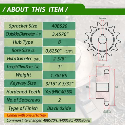 Image of 40BS20-5 /8 Roller Chain Sprocket with 5 /8 inch Bore 20 Tooth, Black Oxide Finish, Includes 2 Set Screws and 1 Key, Heavy Duty Drive Sprocket for #40 Chain