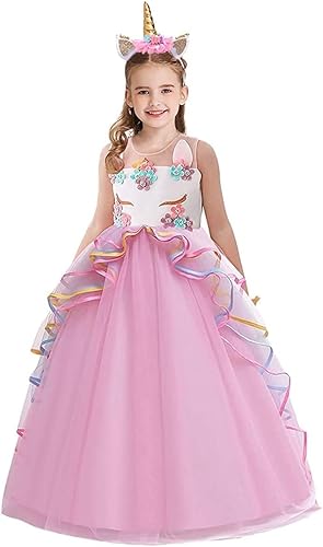 WOCINL Vestido de princesa para niñas, disfraz de unicornio sin mangas, fiesta de cumpleaños, boda, Navidad, Halloween, carnaval con diadema