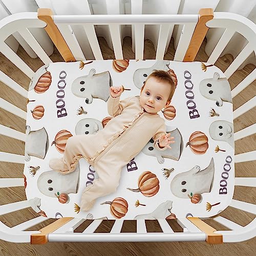Image of Ghosts Pumpkins Halloween Crib Sheets Soft Breathable Fitted Baby Playard Sheets Mattress Cover for Girl Boys, 39 inch x 27 inch x 5 inch