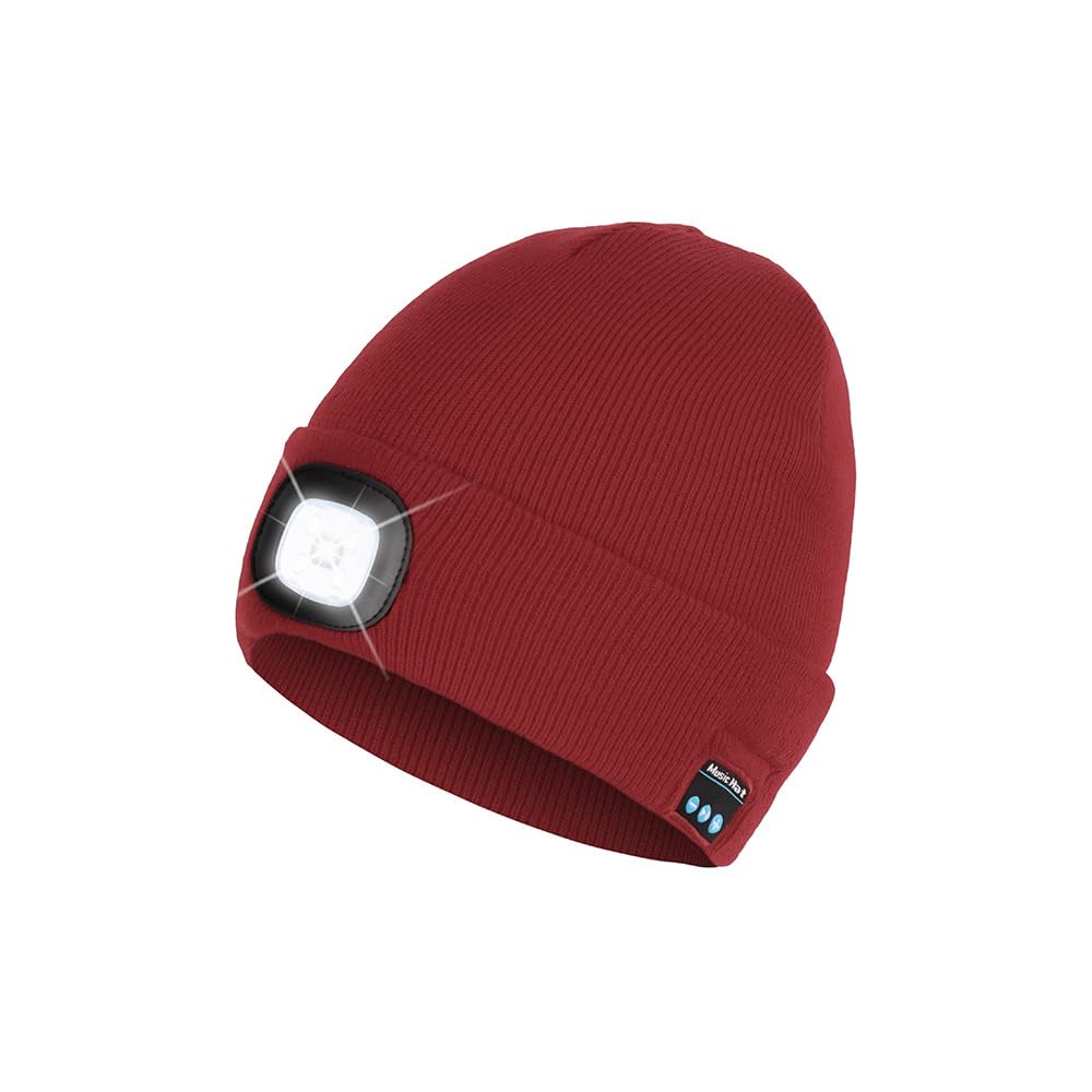 Bluetooth Beanie Hat with Light, Headlamp Cap with Headphones and Built-in Speaker Mic, Gifts for Men Women Teen, Red, One size