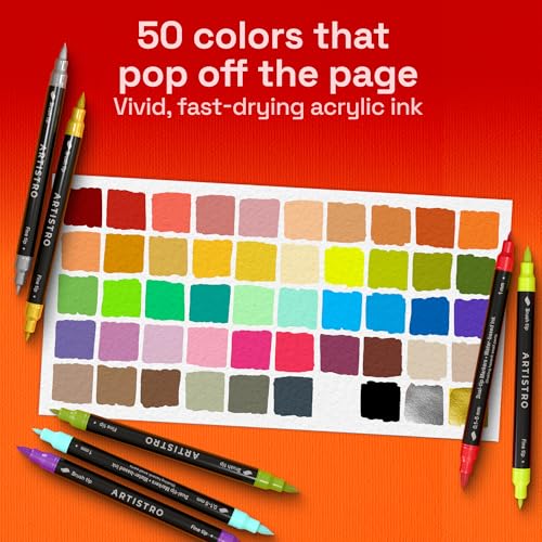 Image of ARTISTRO Acrylic Glass Markers for Wine Glasses and Drinkware (50 Pack), Vibrant Dual Tip Paint Pens for Party Charms & Bar Tools (Brush + Fine Tips)