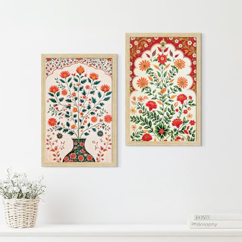 Image of ArtX Paper Floral Art Paintings with Frame for Home Decor, Madhubani Wall Painting for Living Room, Multicolor, Natural Wood Color Frames, 12.0 x 18.0 inch, Set of 2
