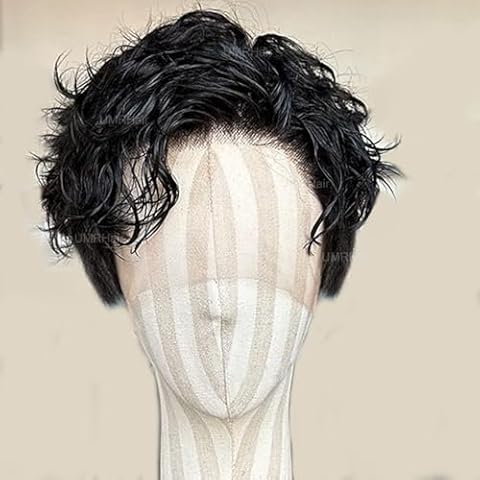 Short Pixie Cut Curly 13X6 Deep Part Lace Front Wig for Men Human Hair Natural Black Loose Curly Men Wigs Human Hair Preplucked Glueless Wig 8inch 130Density Cover