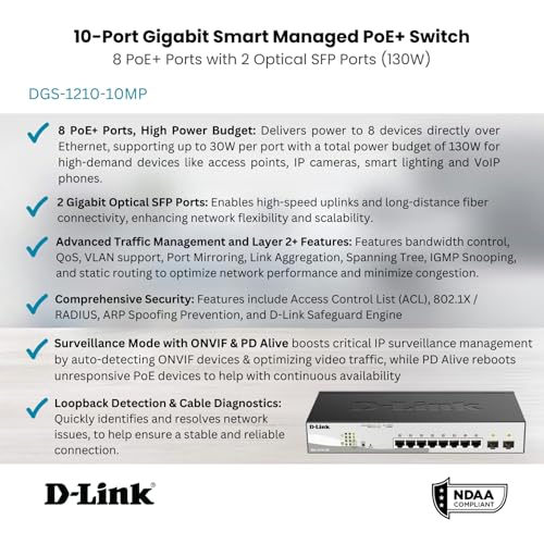 Image of D-Link 10-Port Gigabit Smart Managed PoE+ Switch | 8 PoE+ Ports (130W) + 2 SFP Ports | L2+ | VLANs | Web Managed | Surveillance Mode | Desktop or Rackmount | Fanless | NDAA Compliant DGS-1210-10MP