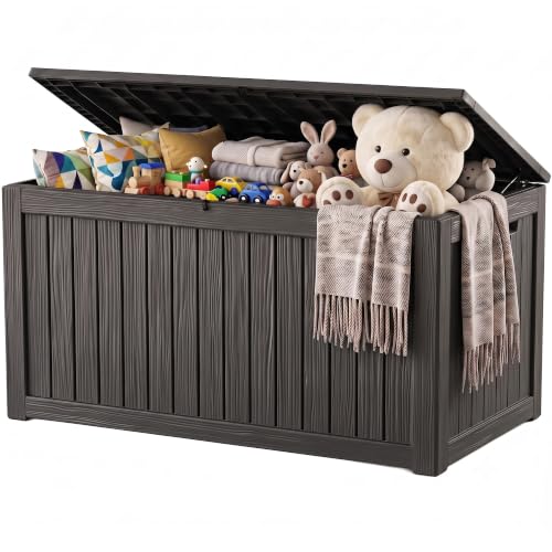 Outdoor Storage Box, 360 Gallon Waterproof Resin Deck Box with Support Rod | UV Resistant Lockable Package Delivery Bin, Shoe, Patio & Garden Tools Storage, Toy Cabinet, Ottoman, Indoor/Outdoor