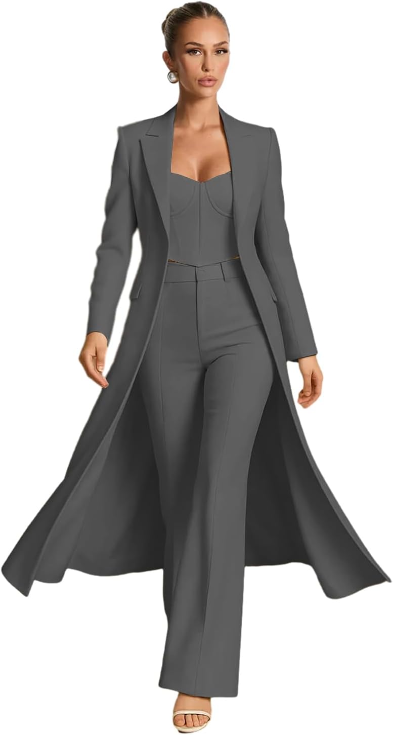 Suits for Women Business Casual 3 Piece V Neck Womens Suit Long Blazer Vest Pants Tuxedo Pant Suit