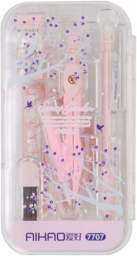 Queena Juego de 8 piezas de geometría matemática con caja de almacenamiento, incluye regla de brújula, borrador, sacapuntas transportador, color rosa