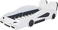 Vista 8 de MERITLINE Cama de suelo de automóvil de carreras de tamaño individual con ruedas, plataforma de madera en forma de auto con listones de soporte