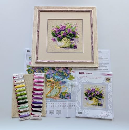 Image of RIOLIS - Violets in a Pot 2091, Cross Stitch Kits 8 inch x 8 inch, Cross Stitch Kits for Adults, Floral Counted Cross Stitch Kits, Embroidery Kit for Beginners & Advanced, Crossstitching Kits